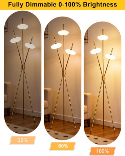 Lightdot Tripod Floor Lamp Stepless Dimmable Gold Standing Tall Lamps with 3PCS Elliptical Lampshades Mid Century Modern Floor Lamps for Living Room/Bedroom/Sofa Beside/Corner Decor - color: Gold-79E