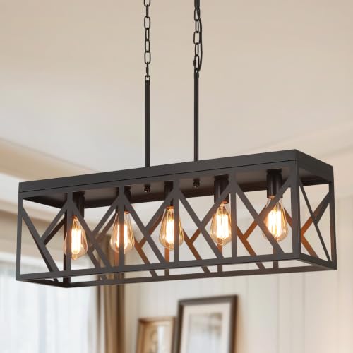 Rustic Farmhouse Metal Kitchen Island Lighting, 5 Lights Rectangular Pendant Light Fixture, Adjustable Rods Modern Metal Linear Chandelier for Kitchen Island Farmhouse Dining Room, Black - size: Large 5 lights