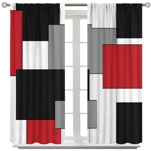 Red Black Grey Curtains, Abstract Square Geometric Pattern Texture Window Treatments for Kitchen Bedroom Living Room 2 Panel Sets,42x45 Inch Decor - color: Geometric-11, size: 21"W x 44.5"L (Pack of 2)