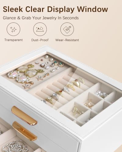 Homeanda Jewelry Boxes Organizer with Glass Lid, 3-Layer PU Leather, White - color: White, size: 3 Layer