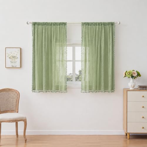 WAZZIO Boho Lace Curtains 63 inch Curtains 2 Panel,Rod Pocket Vintage Bohemian Farmhouse Crochet Cotton Geometry Privacy Sheer Curtain Drapes Farmhouse for Living Room Bedroom,Sage Green - color: Sage Green, size: 59"W x 63"L (Pack of 2)