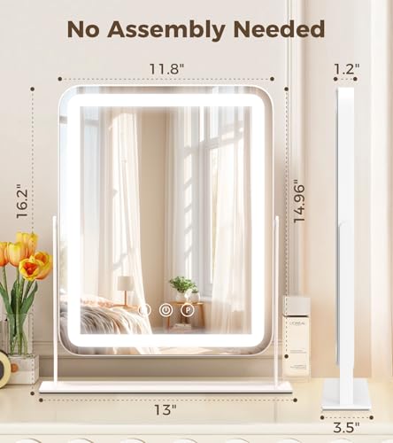 Saliwa Vanity Mirror with Lights, 16.3" x 13" Lighted Makeup Mirror with 3 Color Lights, Stepless Dimming, 5X Magnifying Mirror for Desk & Bedroom, 360° Rotation, Gift for Women, Mom, Daughter - size: 16.3"L x 13"W