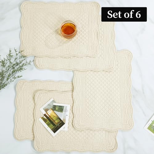 HOMBYS Quilted Placemats Set of 6 Washable-13x18 inches Rectangular Placemats for Kitchen Table-100% Cotton Fabric Rectangular Table Mats, (Flax) - color: Flax