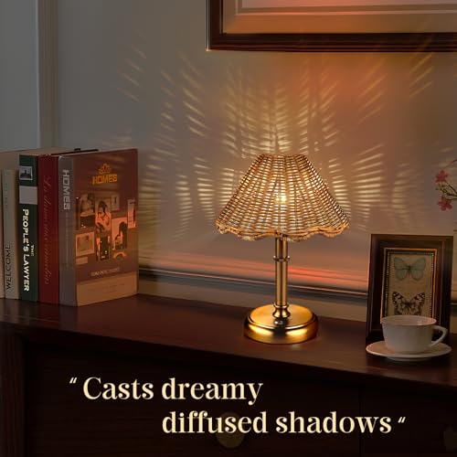 Mini Cordless Boho Rattan Table lamp, 5200-mAh Rechargeable Battery, 3-Level Brightness Dimmable, Build-in Integrated LED 320 Lumen Max, Rattan Shade, for Bedside Restaurant Dining Table - color: 11'' Tall Gold