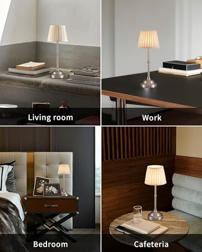 KDG Nickel Cordless LED Table Lamps Set of 2, Beige Fabric Shade Desk Lamps - color: Nickel + Beige Lampshade (2 Pack)