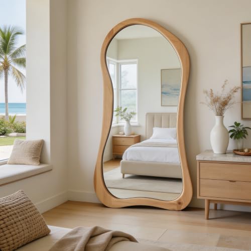 71"x33.5" Irregular Full Length Mirror with Solid Wood Frame - color: Natural Wood Frame, size: 71"L x 33.5"W