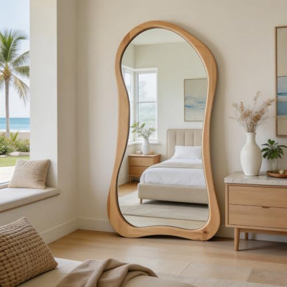 71"x33.5" Irregular Full Length Mirror with Solid Wood Frame - color: Natural Wood Frame, size: 71"L x 33.5"W