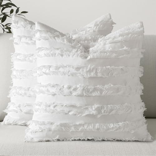 MIULEE Boho Linen Striped Throw Pillow Covers 20x20, White - color: White, size: 20" x 20" (Pack of 2)