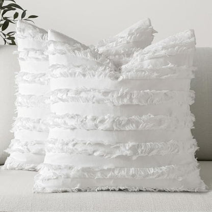 MIULEE Boho Linen Striped Throw Pillow Covers 20x20, White - color: White, size: 20" x 20" (Pack of 2)