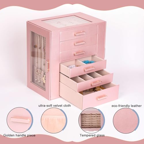 BOOVO Clear Lid Jewelry Box,6 Layers Jewelry Organizer Large Jewelry Storage Box with 6 Drawers,Jewelry Holder Organzier of Rings Earrings Necklace Bracelets for Women (Rose Gold, 6 Layer) - color: Rose Gold, size: 6 Layer