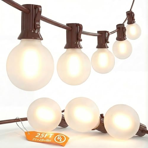 25FT Brown Outdoor String Lights, Shatterproof LED Globe String Lights with 25 G40 LED Frosted White Bulbs, Waterproof Connectable Hanging Light for Backyard Patio Porch Balcony Party Decor, E12 Base - color: Frosted White-Brown, size: 25FT
