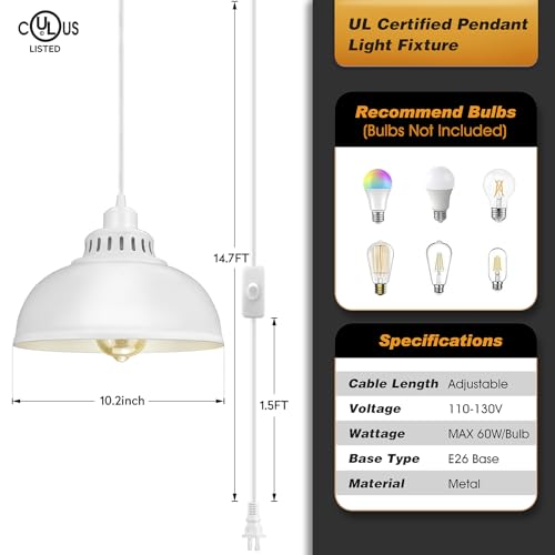Plug in Pendant Light, 15FT Hanging Lights with Plug in Cord, On/Off Switch - color: Big White