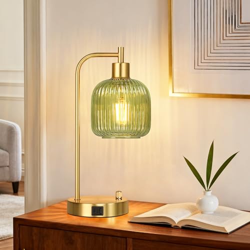 Green Glass Table Lamps Set of 2, Dimmable Bedside Lamps for Living Room - color: Gold&Green