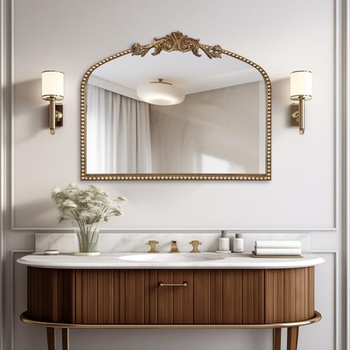 BAODANFU Baroque Arched Wall Mirror Entryway, Gold Vanity Mirror Decorative - size: 30"L x 36"W