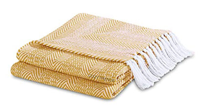 Luxurious Hand Woven Cozy Warm Combed Cotton All Season Indoor Outdoor Light Weight Fade Resistant Couch Chair Bed Throw Blankets Batik 50x60 Inch Set of 2 (Yellow) - color: Yellow
