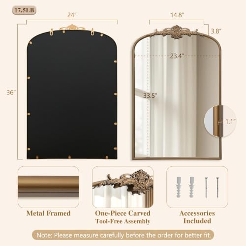 Besdomus Antique Arch Wall Mirror: 24"x36" French Brass Gold Vanity Mirrors - color: Brass Gold, size: 36"L x 24"W