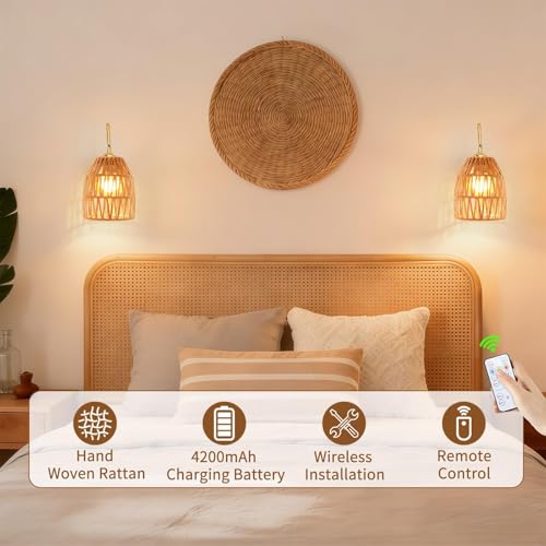 Rattan Battery Operated Wall Sconce Set of Two,Rechargeable,Remote