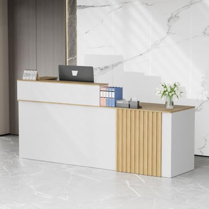 78.7" Reception Desk with Slat Panels for Office, Salon & Lobby - color: White/Oak, size: 78.7''L x 23.6''W x 39.3''H