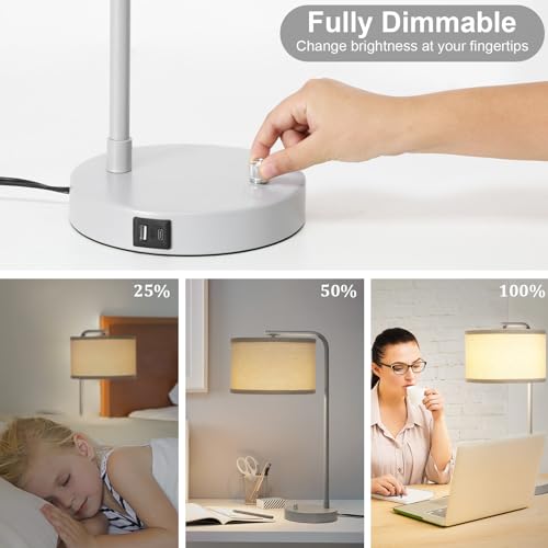 25" Tall Table Lamp with USB C+A Ports, Fully Dimmable Nightstand Lamp - color: Gray