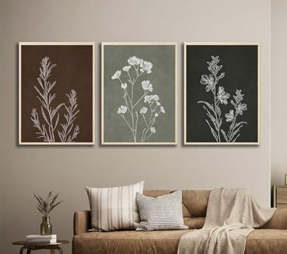 Neutral Botanical Framed Wall Art, 3 Piece Line Art Set, 12x16 Each - color: Simple retro, size: 12x16 inch
