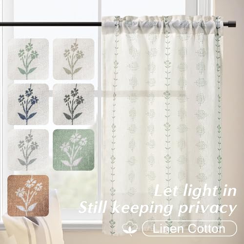 Lino Rosa Cafe Curtains 24 Inch Length,Sheer Short Linen Curtains for Boho Kitchen Bathroom Window Decor,Sage Green and Cream - color: Light Green, size: 24"W x 24"L (Pack of 2)
