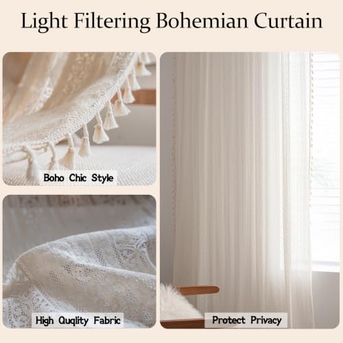 Sutuo Home Boho Curtain Crochet Lace Semi-Sheer Florals Hollow Knitted Handmade Tassels, Rod Pocket Window Treatment Vintage Rustic Farmhouse Drapes for Living Bedroom, 1 Panel 59" W x 63" L, Beige - color: Beige Floral Crochet, size: 59"W x 63"L (Pack of