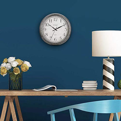 Bernhard Products Rustic Wall Clock 14 Inch Silent Non Ticking, Quartz Battery Operated Decorative Textured Rustic Farmhouse Gray Easy to Read, for Home Kitchen Office