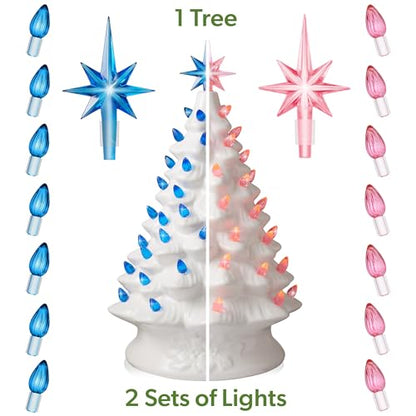 Casafield Hand Painted Ceramic Christmas Tree, White 15-Inch Pre-Lit Tree with 128 Pink and Blue Lights and 2 Star Toppers - color: White Pink Blue Lights