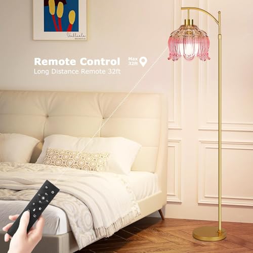 QIYIZM Pink Floor Lamp for Living Room,Bedroom,Gold Dimmable Standing Lamp with Remote,Mid Century Modern Brass Tall Lamp Boho Floor Lamps Arc Stained Glass Flower Floor Light Lamp Girls kids Bohemian - size: Floor Lamp--11