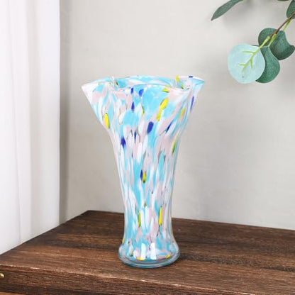 9.0" H Blue White Glass Vases for Flower, Unique Hand Blown Glass Vase - color: Multicolor Blue