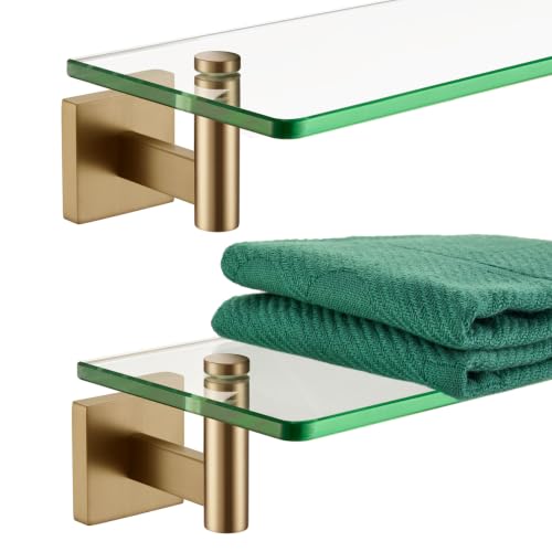 KOKOSIRI Wall Shelves Bathroom Hardware Glass Floating Shelf Small Hanging Rack Storage/Room Decor 12-Inch Champagne Bronze 2 Pack B1105CPG-L12-P2 - color: Champagne Bronze, size: 12-Inch(2 Pack)