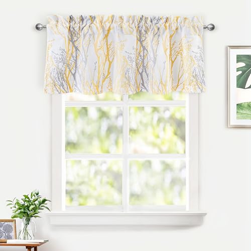 DriftAway Tree Branch Lined Valance Double Layer Blackout Thermal Insulated Abstract Ink Printing Window Curtain Valance Rod Pocket 52 Inch by 18 Inch Plus 2 Inch Header Yellow 1 Pack - color: Yellow, size: 52"W x 18"L (Pack of 1)
