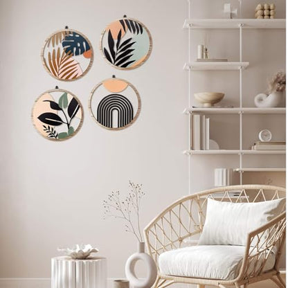 Qunclay 4 Pcs Boho Wall Art Bohemian Wood Round Circle Wall Decor Elegant - style: Elegant