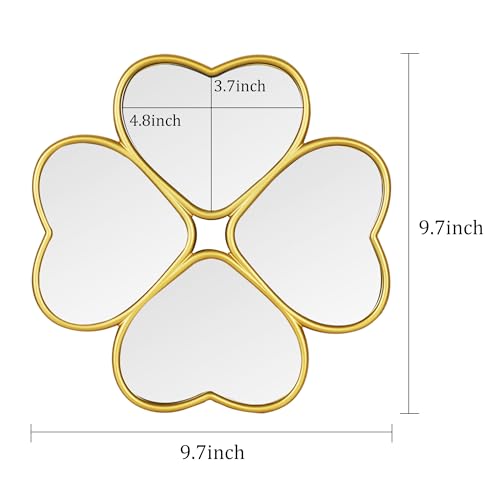 Small Decoritive Heart Wall Mirrors Set of 3, Decorative Four-Leaf Clover Mirror (Gold)