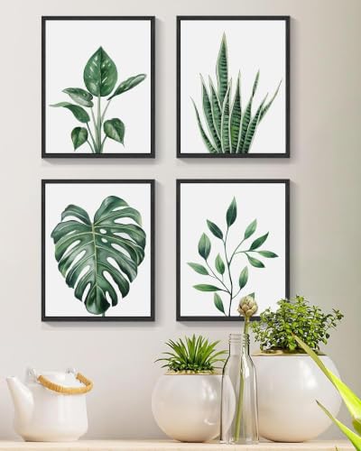 Drsoum Botanical Canvas Framed Wall Art Watercolor Green Leaf Tropical Plant Art Prints Boho Wall Decor for Bedroom Bathroom Kitchen Home Office Decorations 8"x 10"x 4pcs Black Framed - color: Tropical Wall Art, Black Frames, size: 8''x 10''