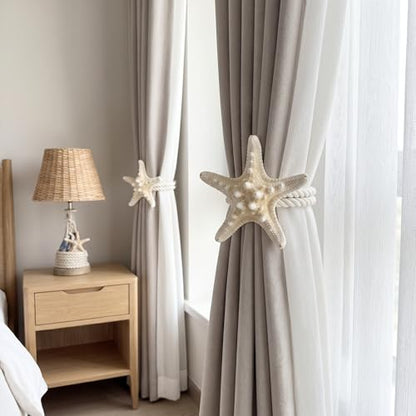 2 Pack Natural Starfish Rope Curtain Tiebacks Holdbacks, Hand Woven Cotton Curtain Ties, Coastal Nautical Decor for Sheer & Outdoor Curtains, Bedroom Bathroom Wedding Drapery Accessories