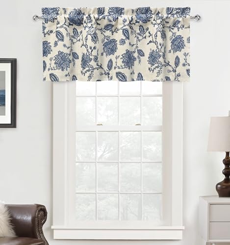 DriftAway Freda Jacobean Floral Linen Blend Blackout Thermal Insulated Energy Saving Privacy Window Linen Curtain Valance Rod Pocket 2 Layers Single 52 Inch by 18 Inch Plus 2 Inch Header Navy Beige - color: Navy, size: 52"W x 18"L (Pack of 1)