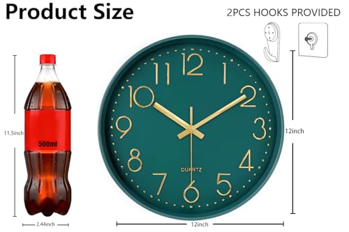 Modern Silent Wall Clock, 12 Inch Wall Clocks Battery Operated Large Number, Non-Ticking Analog Clock with Tempered Glass Quartz Clocks for Living Room Bedroom Office Kitchen, Dark Green - color: Dark Green, size: 12 Inch