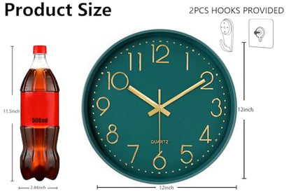 Modern Silent Wall Clock, 12 Inch Wall Clocks Battery Operated Large Number, Non-Ticking Analog Clock with Tempered Glass Quartz Clocks for Living Room Bedroom Office Kitchen, Dark Green - color: Dark Green, size: 12 Inch