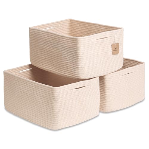 NaturalCozy Storage Baskets 16.8”x13”x7.6” Cotton Rope Woven Baskets for Organizing 3-Pack | Toy Storage Bins | Basket for Shelves, Laundry, Blanket, Clothes, Closet, Kitchen, Bathroom, Gifts - color: Beige