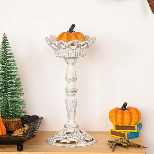 Sungmor Vintage Cast Iron Pillar Candle Holder, 8.5in Tall Vintage White - color: White and Gold