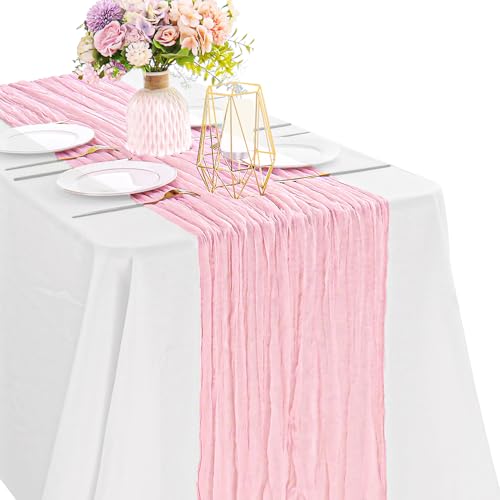 Pink 10FT Cheesecloth Table Runner Boho Gauze Fabric Table Runner Rustic Sheer Runner for Wedding Bridal Baby Shower Birthday Party Boho Table Decor（1 Pack Pink） - color: Pink, size: 35" x 120"-1 Pack