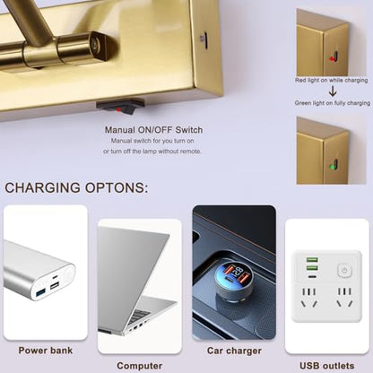 5W LED Wireless Picture Lights with Remote and Timer 23.6 Inch Rechargeable Brass Gallery Lighting Battery Operated Art Lights Over Frame Portrait - color: Battery Operated Brass, size: 24 Inch
