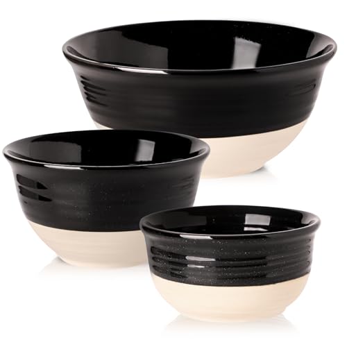 HASENSE Ceramic Mixing Bowls Set of 3, 84/40/20 Oz Black & Beige Stoneware Bowls, Farmhouse Bowls for Salad, Soup, Cooking Baking Serving Food, Nesting BowlsDishwasher & Microwave Safe - color: Black, size: 84+40+20 oz