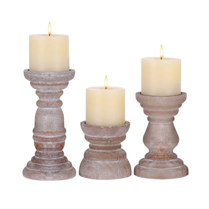 Rustic Wooden Pillar Candle Holders Set of 3 InDistressed Brown, Florence Style, Farmhouse Wooden Candle Holder, Wooden Candle Stand, Small Wooden Candlestick Holders, Living Room, Table Centerpiece - color: Rustic Brown