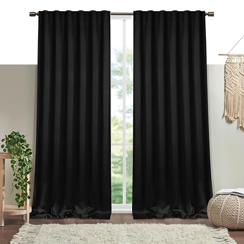 Black Solid Panel Curtains, 84 Inches Long, Set of 2, 100% Cotton, Light Filtering for Privacy, Modern Farmhouse Décor, Great for Bedroom, Living Room, 54" W x 84" L - color: Black, size: 54"W x 84"L (Pack of 2)