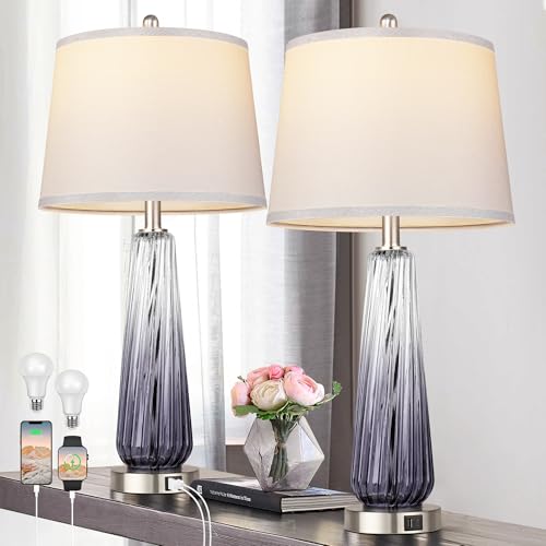 Glass Table Lamps Set of 2, Modern Bedside Lamps for Bedrooms with USB A+C Ports, 3-Way Dimmable Touch Control Nightstand Lamp with White Linen Shade, 27.5" Large Lamps for Living Room Decor, Grey - color: Gray