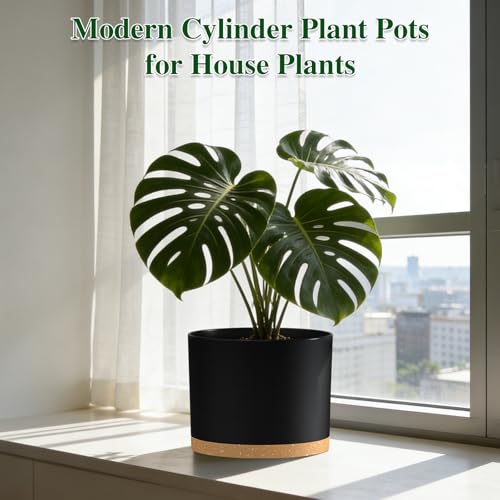 Plant Pots, 10/9/8 Inch 3 Pack Cylindrical Flower Pots with Drainage Holes and Saucers, Plastic Planters for Outdoor Indoor Plants,Black Brown - color: Black With Brown