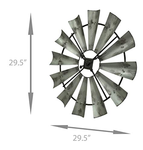 Distressed Grey Rustic 30 Inch Metal Windmill Wall Clock | 12 Blades Mark the Hours, Quartz Movement, 1 Inch Projection, Requires 1 AA Battery
