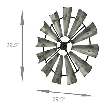 Distressed Grey Rustic 30 Inch Metal Windmill Wall Clock | 12 Blades Mark the Hours, Quartz Movement, 1 Inch Projection, Requires 1 AA Battery
